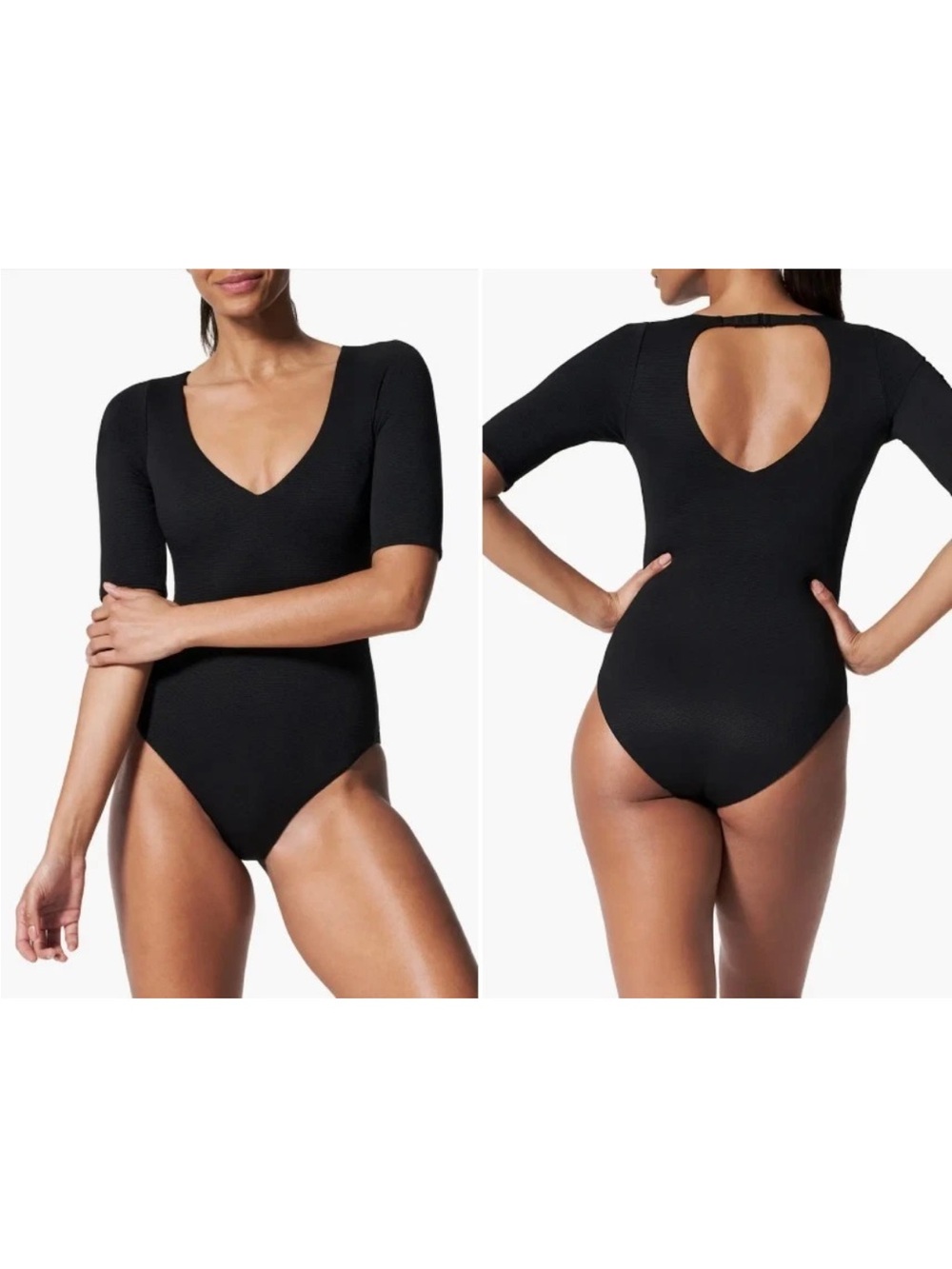 Spanx Pique Shaping Swimsuit M Black Short Sleeve One Piece Sculpt UPF50 NWOT